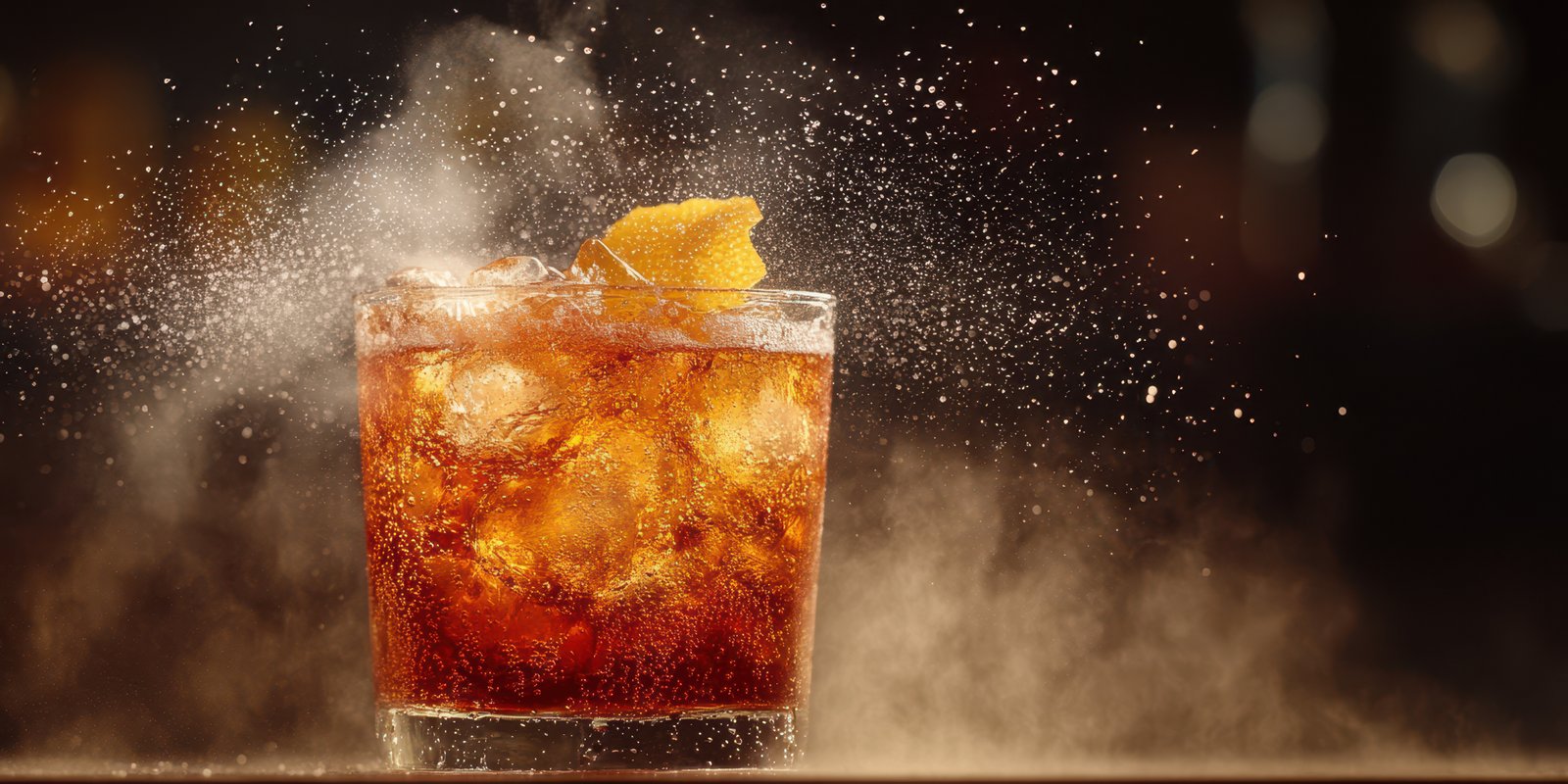 Refreshing cocktail with ice and citrus garnish on a bar counter during a vibrant evening setting